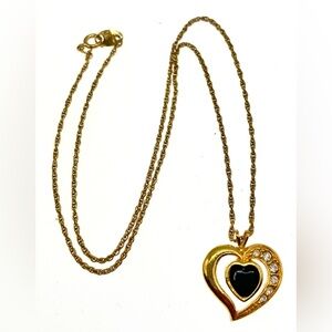 Vintage Avon Gold Tone and Black Onyx Heart Necklace 1990's Signed